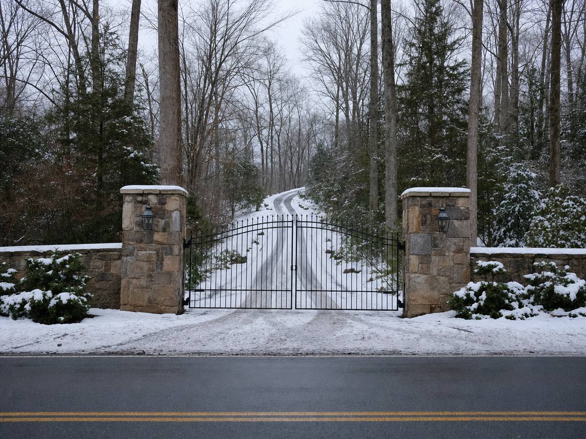 Two fieldstone gate piers with black lanterns and a closed black iron gate at the edge of a snowy road, with a private drive curving uphill into winter woods.