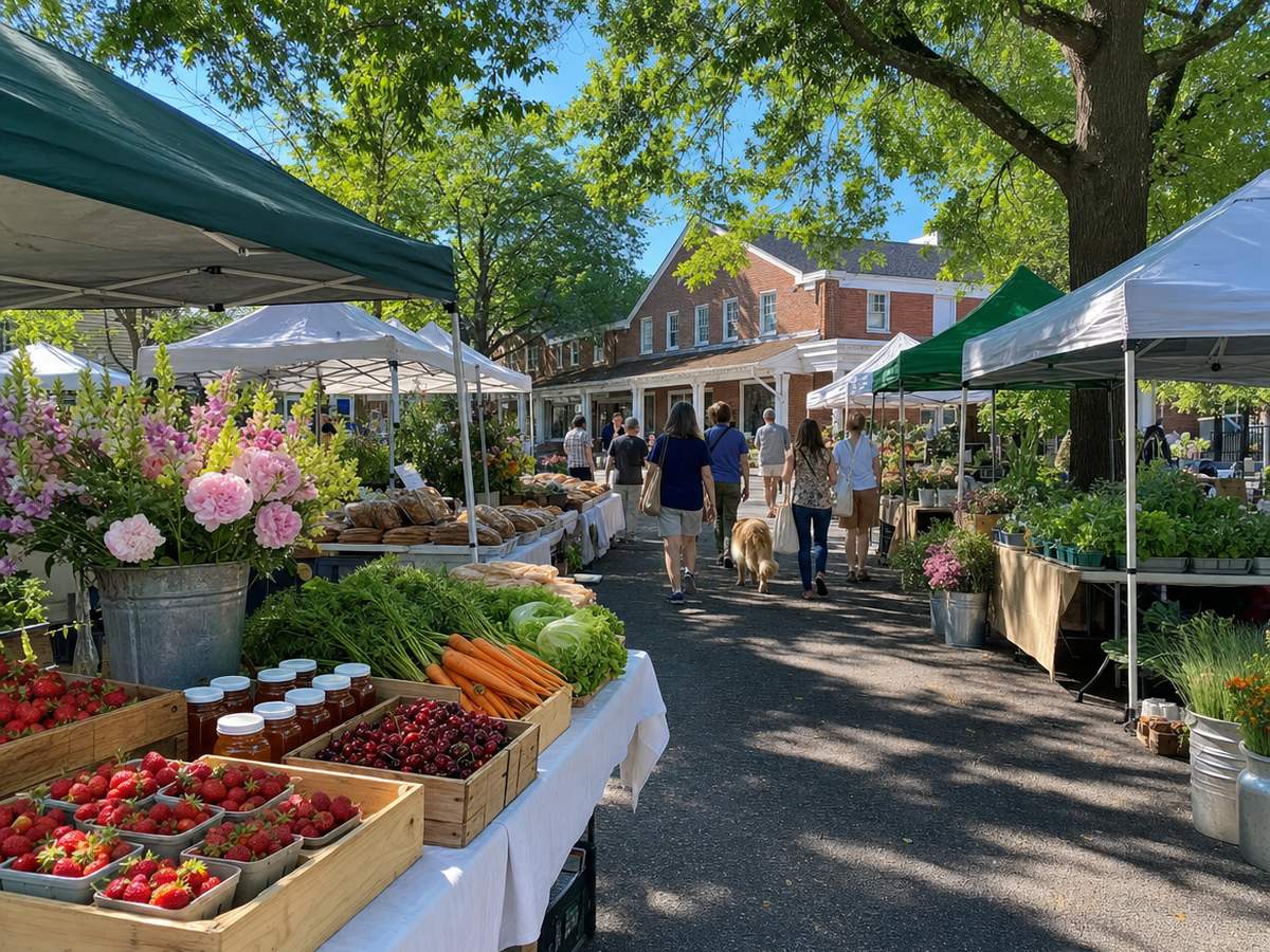 Green and white market tents under shade trees with crates of strawberries and cherries, carrots and jars of honey in front, a few people walking and low red-brick shop buildings behind.