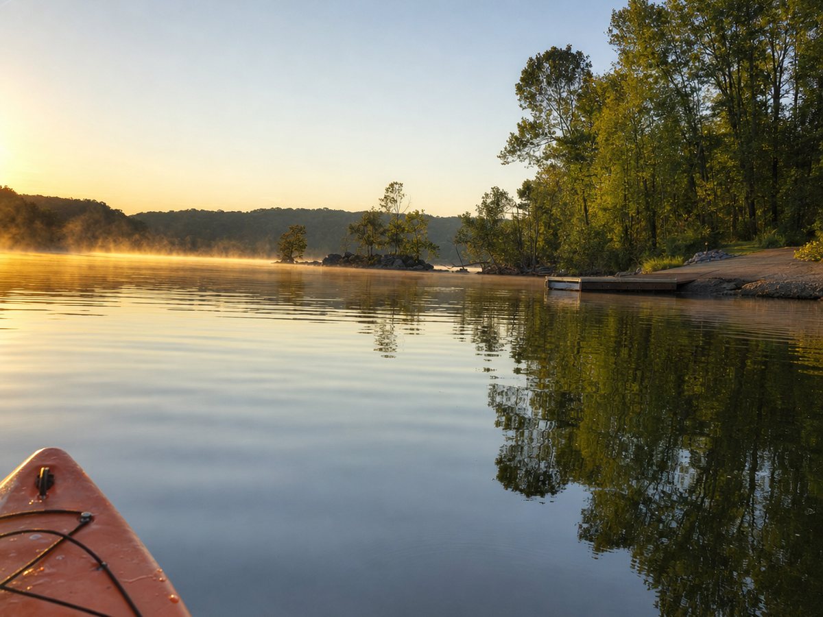 The orange bow of a kayak on calm, misty river water at sunrise, with a wooded shoreline, a small wooden dock and a low rocky island ahead.