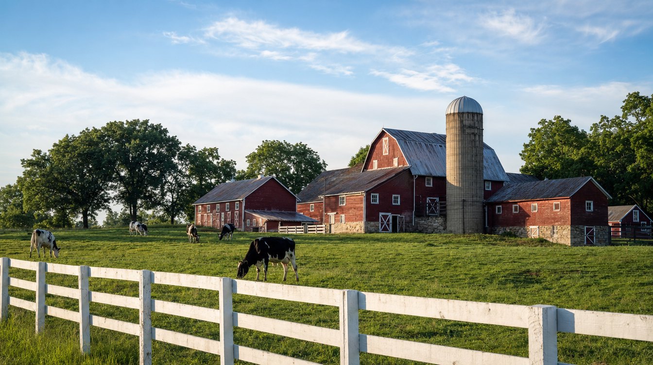 Red barns with metal roofs, stone foundations and a tall silo on a rise at Frying Pan Farm Park, with black-and-white cows grazing a green pasture behind a white board fence on a summer morning
