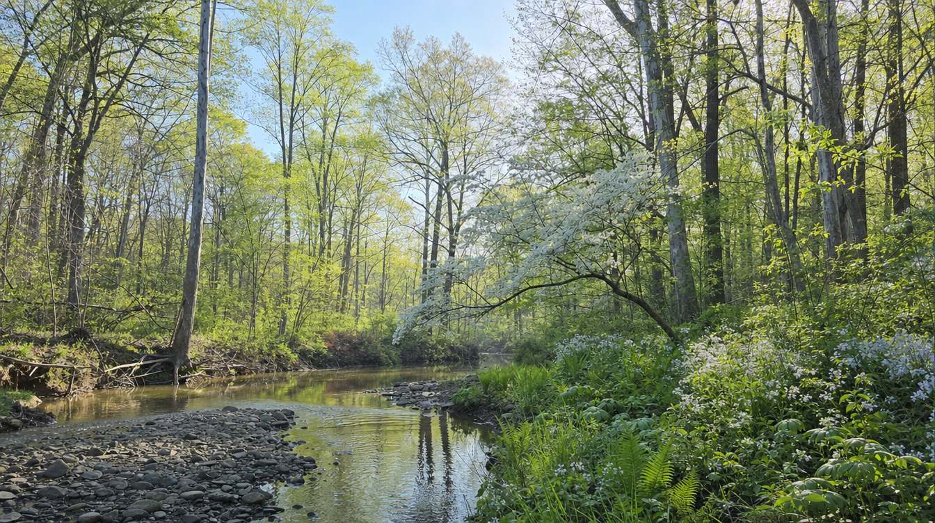 Sugarland Run winding over a gravel bar through Runnymede Park in spring, with a white dogwood leaning over the water, ferns and pale blue wildflowers on the bank and tall trees in new leaf