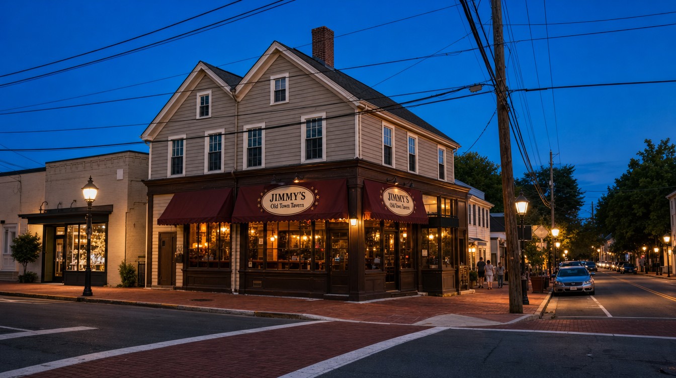 Jimmy's Old Town Tavern at the corner of Spring and Elden Streets at blue hour, a two-story gray-beige clapboard building with twin gables, lit windows and burgundy awnings with oval signs, beside a brick crosswalk and street lamps