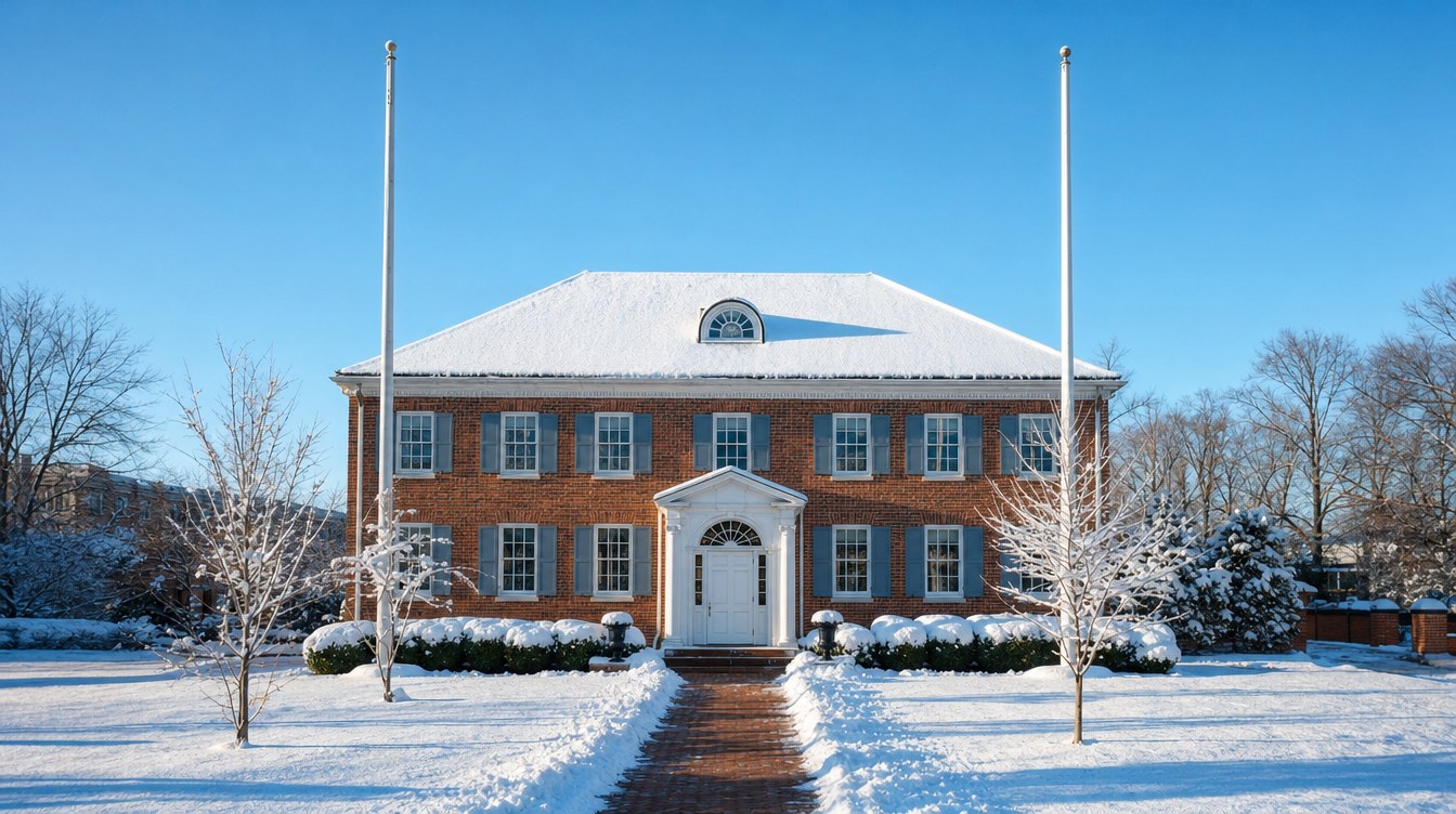 Herndon's 1939 Town Hall after a snowfall, a two-story red-brick building with a snowy hipped roof, blue-gray shutters and a white pedimented entry, with two flagpoles and a shoveled brick walk