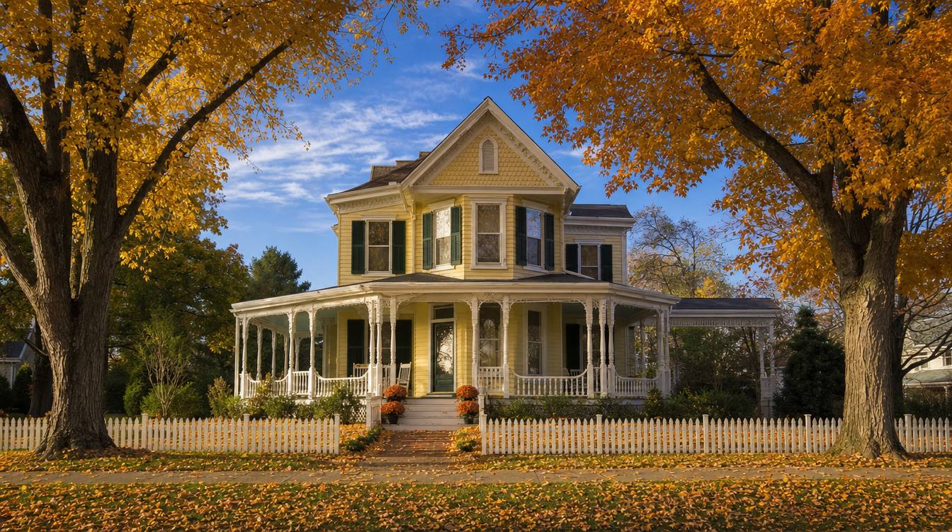 A butter-yellow Queen Anne Victorian with a wraparound porch, turned white posts, a steep gable with fish-scale shingles and dark green shutters, behind a white picket fence with mums on the steps under gold maples