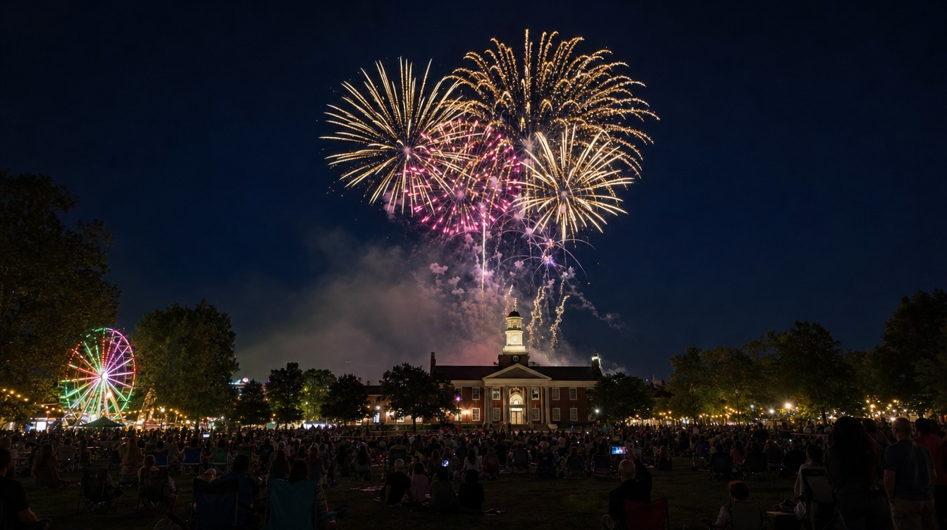 Gold and magenta fireworks bursting over the red-brick Municipal Center and its white cupola during the Herndon Festival, with a lit Ferris wheel, string lights and the crowd in silhouette on the lawn
