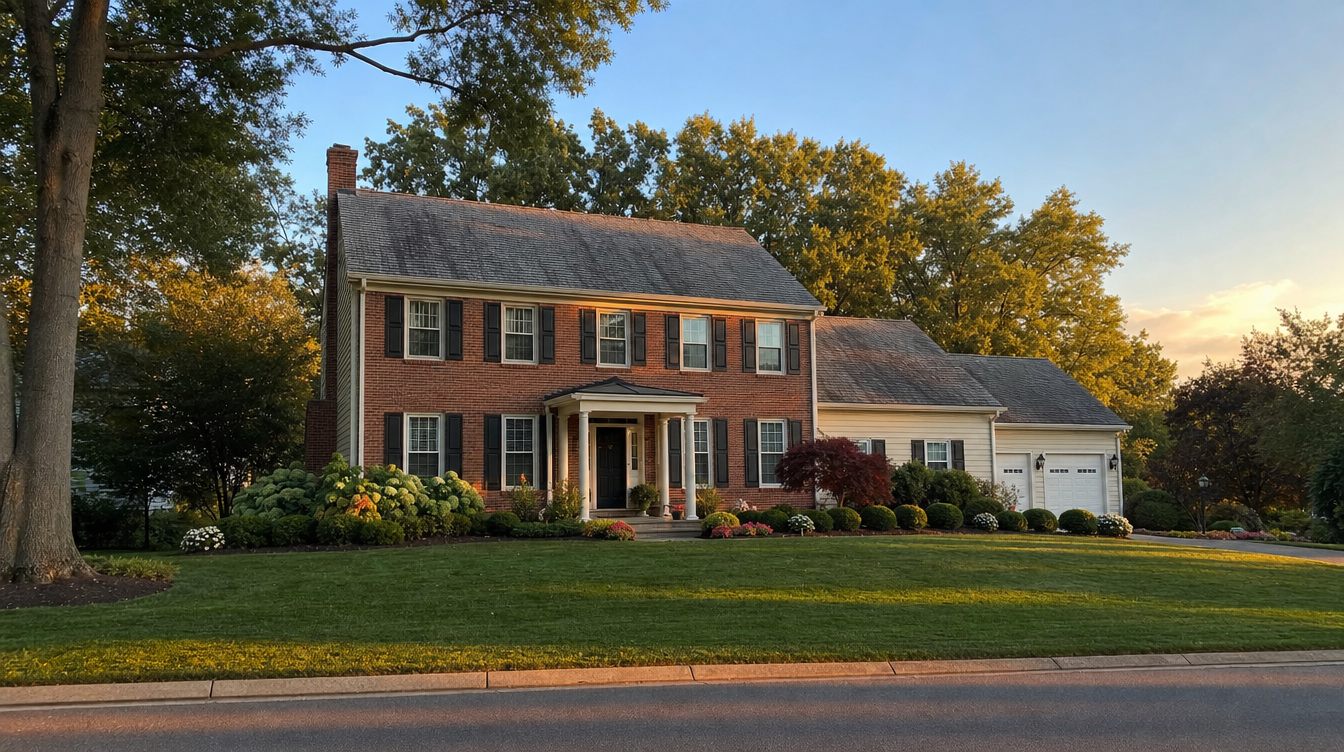 A red-brick center-hall colonial with black shutters, a white columned portico and a side garage wing at golden hour, with hydrangeas, a red Japanese maple and tall oaks behind a wide sloping lawn
