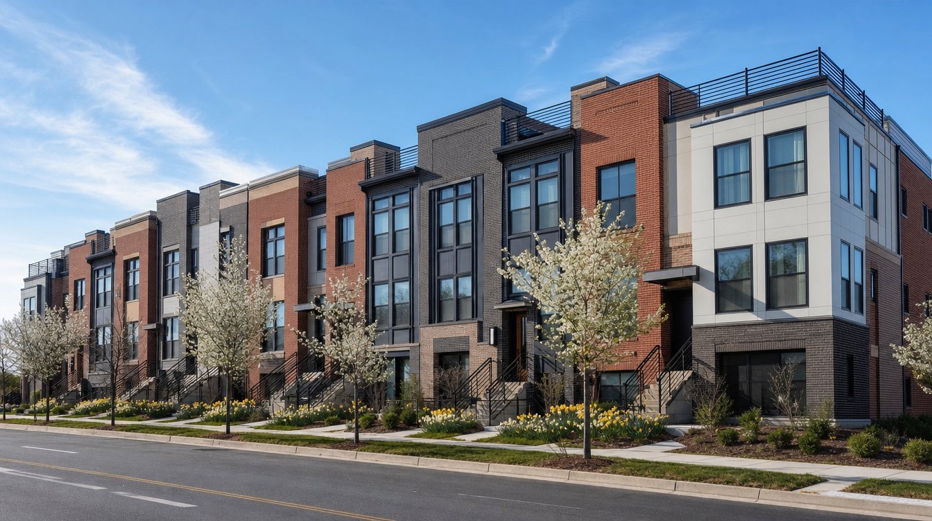 A row of new four-story townhomes in red and charcoal brick with white panels, black-framed windows and rooftop terraces with black rails, behind white flowering street trees and daffodils in spring
