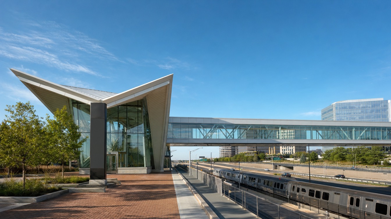 The Herndon Metro station pavilion with its folded white steel roof over glass walls and a tall dark pylon, beside the long glass skywalk over the Dulles Toll Road, with a Silver Line train on the tracks below