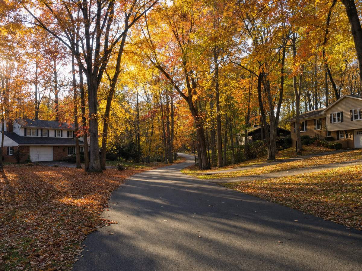Curving street with no sidewalks under tall orange and gold fall trees, with a two-story colonial and a side-split house set back on leaf-covered wooded lots.