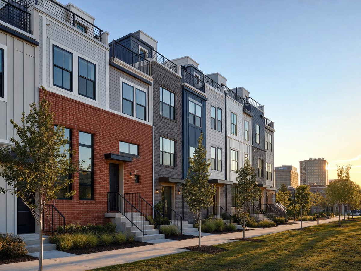 Row of new four-level townhouses with red and charcoal brick, gray and navy siding, black-framed windows and rooftop terraces along a landscaped walk at sunset.