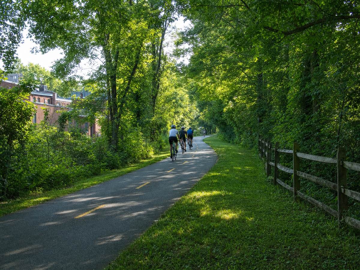 Paved W&OD Trail with a dashed yellow line through a leafy green corridor with a split-rail fence and three cyclists riding away, near downtown Herndon.