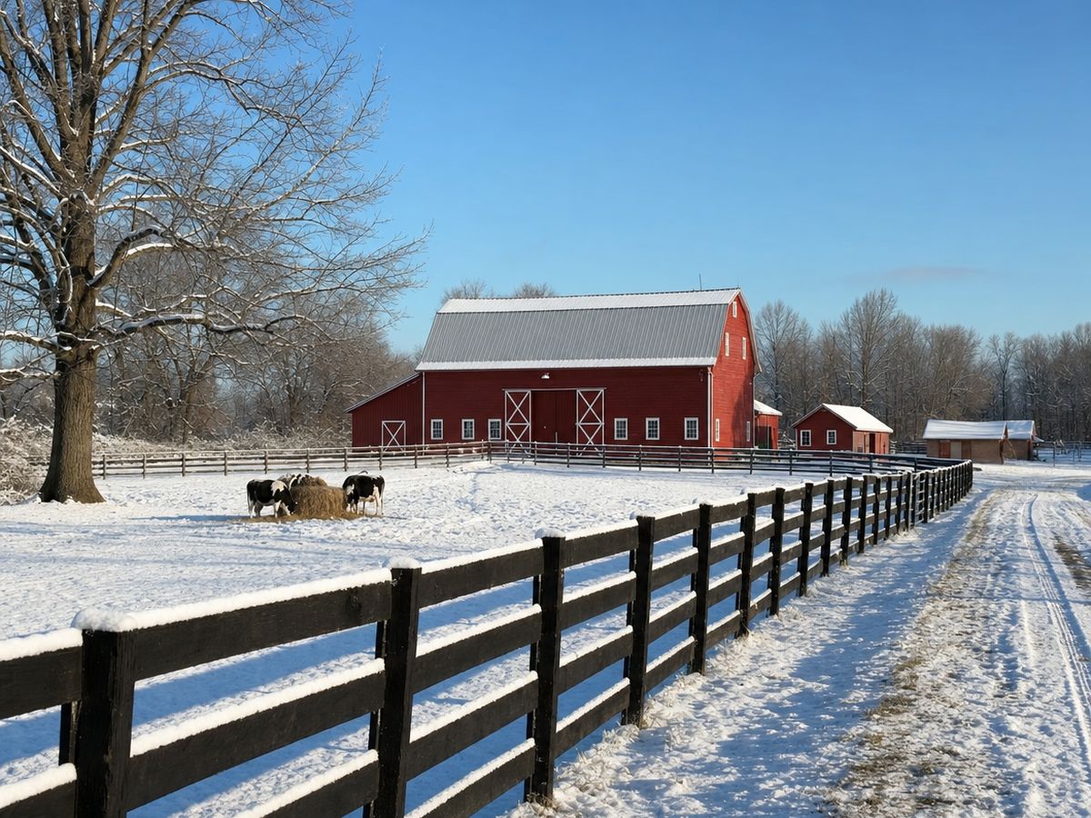Red gambrel-roofed barn with white X-braced doors across a snowy pasture with a black board fence, a bare oak and cows at a hay bale on a clear winter morning.