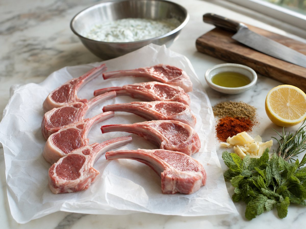 Fresh frenched lamb chops on white butcher paper on a marble counter with spices, garlic, a lemon half, mint, rosemary, olive oil and a bowl of yogurt marinade.
