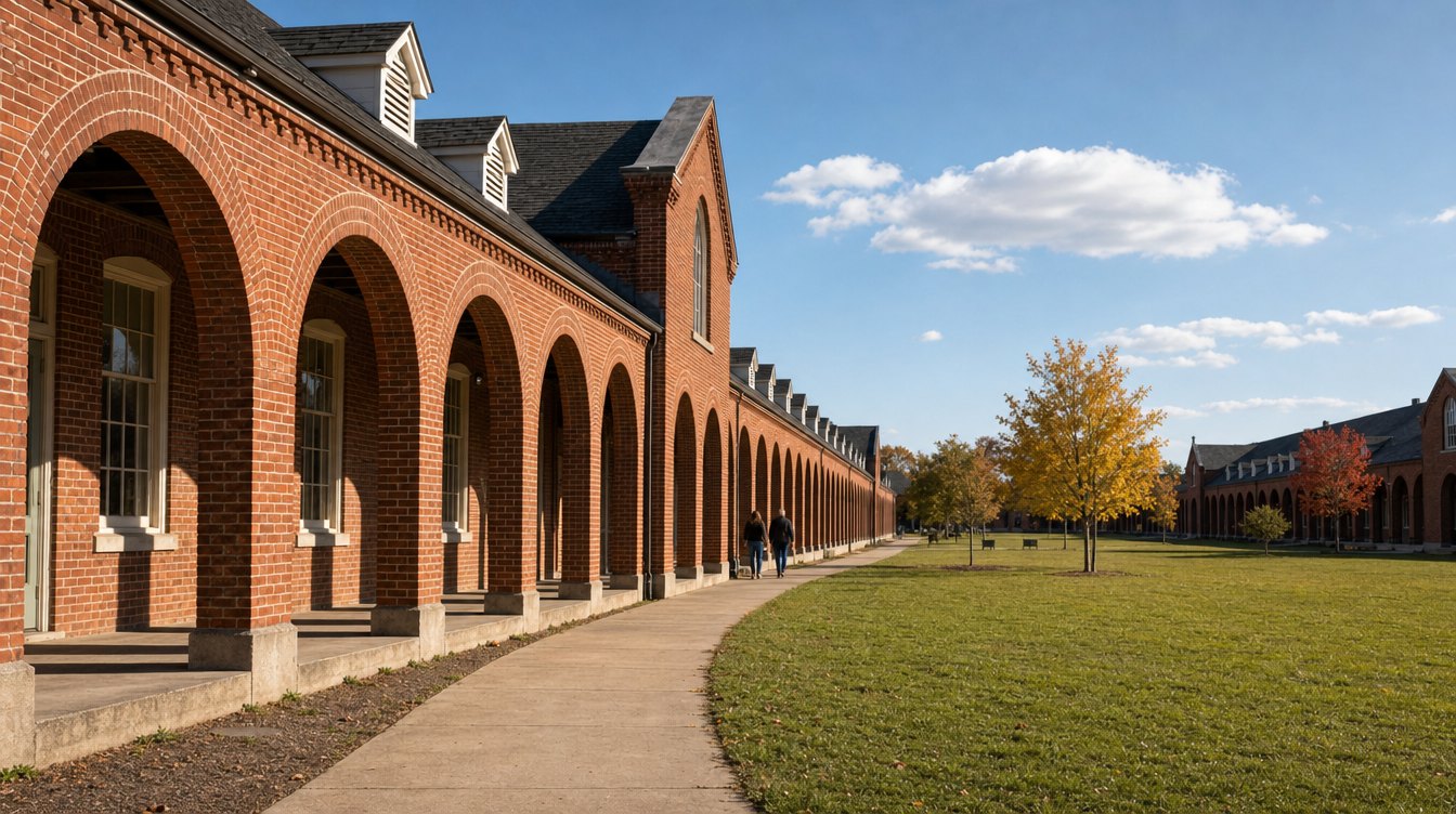 The long red brick arcades of the Workhouse Arts Center in Lorton around a wide green quad in fall