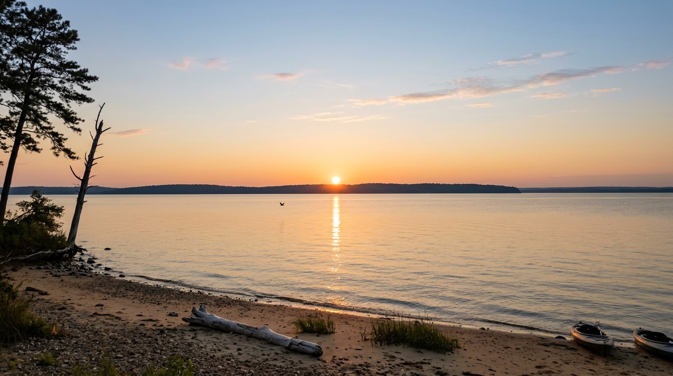 The sun setting over Belmont Bay from the sandy shore of Mason Neck State Park, with driftwood, two kayaks pulled up on the beach and tall pines on the left