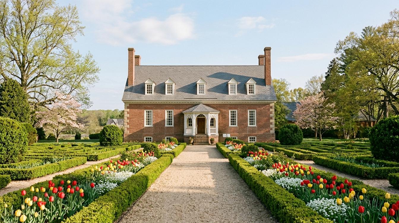 Gunston Hall, George Mason's 1750s brick house with dormers and tall end chimneys, at the end of a gravel walk between clipped boxwood and beds of red, yellow and white tulips in spring