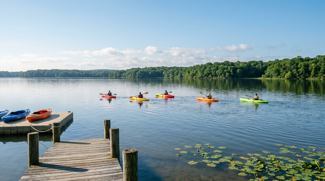 Bright kayaks paddling across calm Pohick Bay on a summer morning, seen from a wooden dock with more kayaks on a floating launch and lily pads in front, wooded shores beyond