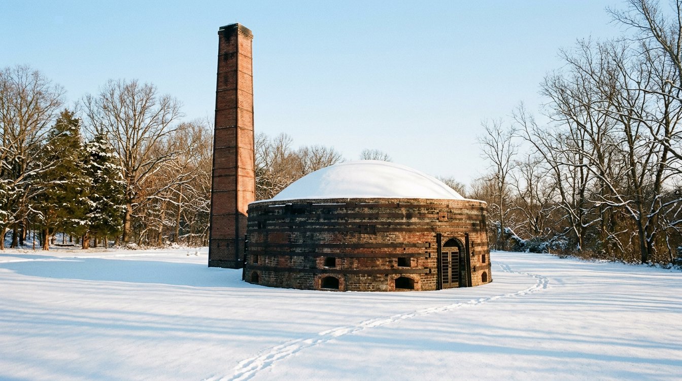 The round brick beehive kiln of the old Lorton brickworks with its tall square chimney, standing in fresh snow among bare trees and cedars at Occoquan Regional Park