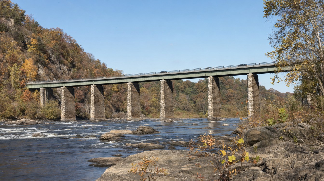 Chain Bridge crossing the Potomac on seven tall stone piers below a steep wooded palisade in autumn color, seen from the river rocks
