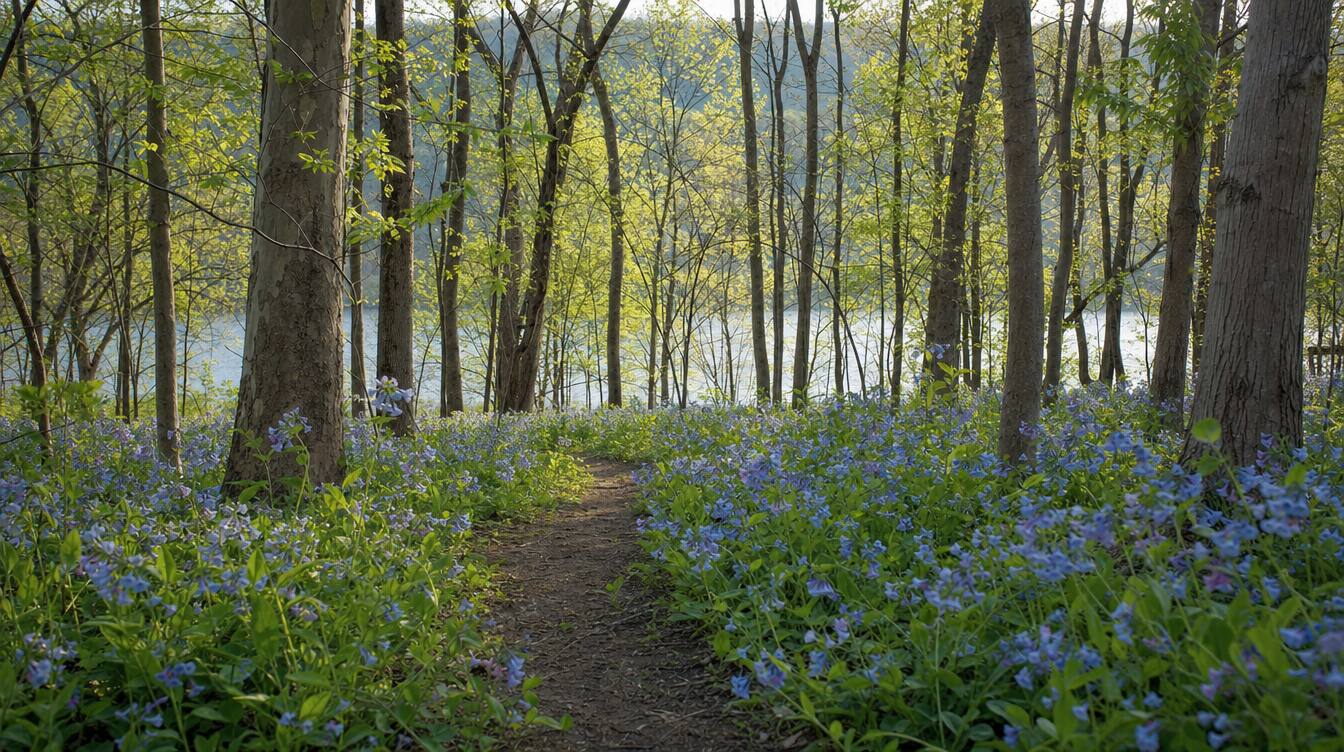 A dirt path through Virginia bluebells in bloom on the Potomac Heritage Trail below Turkey Run Park, with the Potomac River showing through the trees