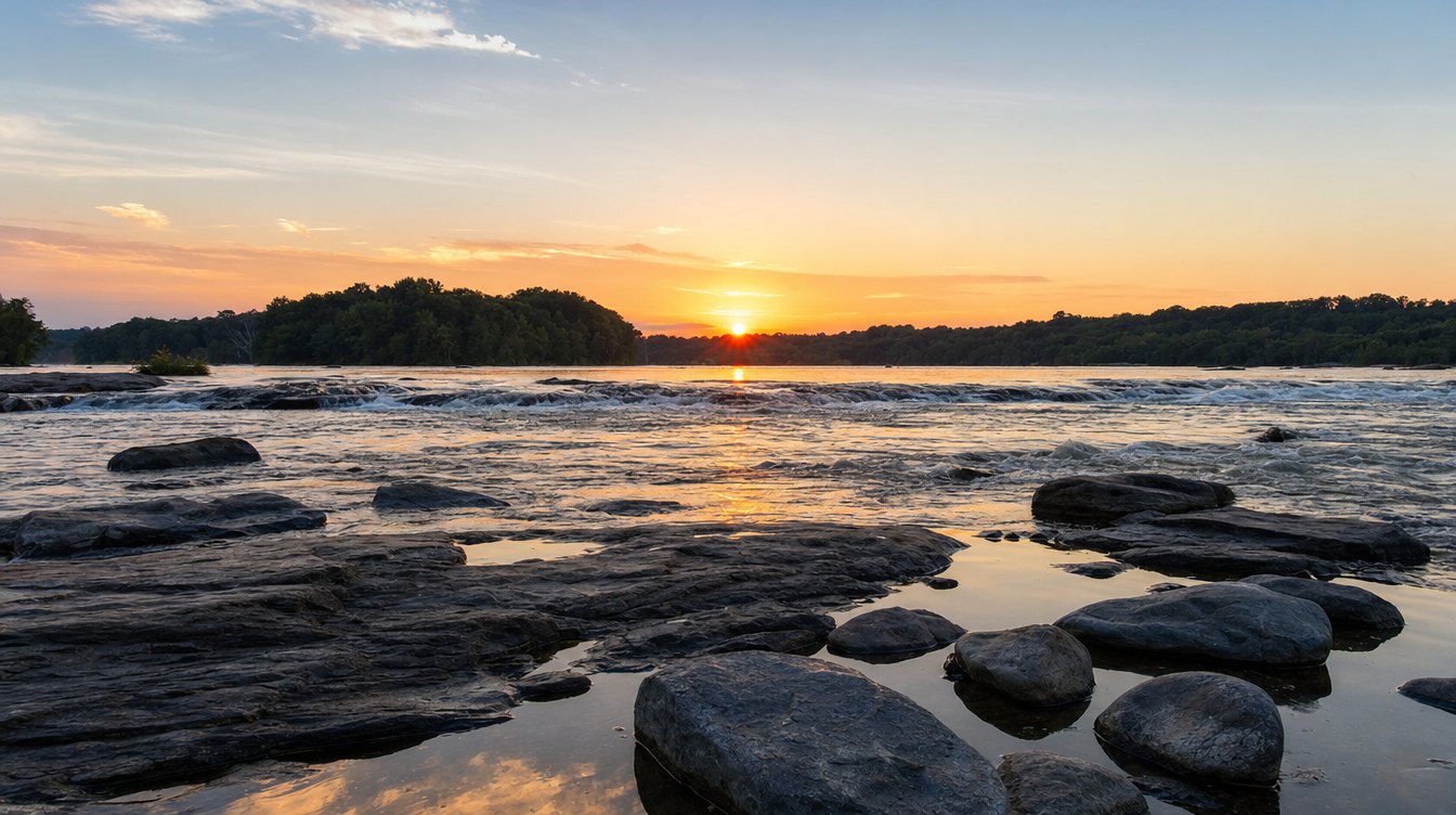 Sunset over the Potomac at Stubblefield Falls, the river breaking over a long rock ledge, with boulders and still pools in front and a wooded island beyond