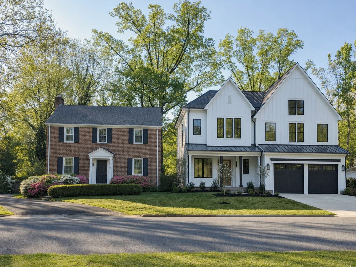 A modest red-brick colonial with black shutters beside a much larger white board-and-batten new house with a black metal porch roof and two dark garage doors, under tall spring trees.