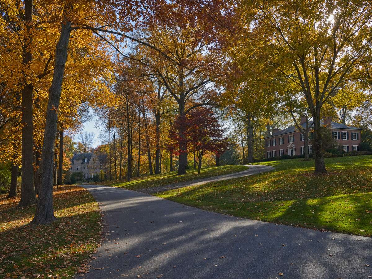 A curving residential road with no sidewalks under gold and orange fall trees, with a large red-brick colonial set far back on a sloping lawn and a pale stone house in the distance.