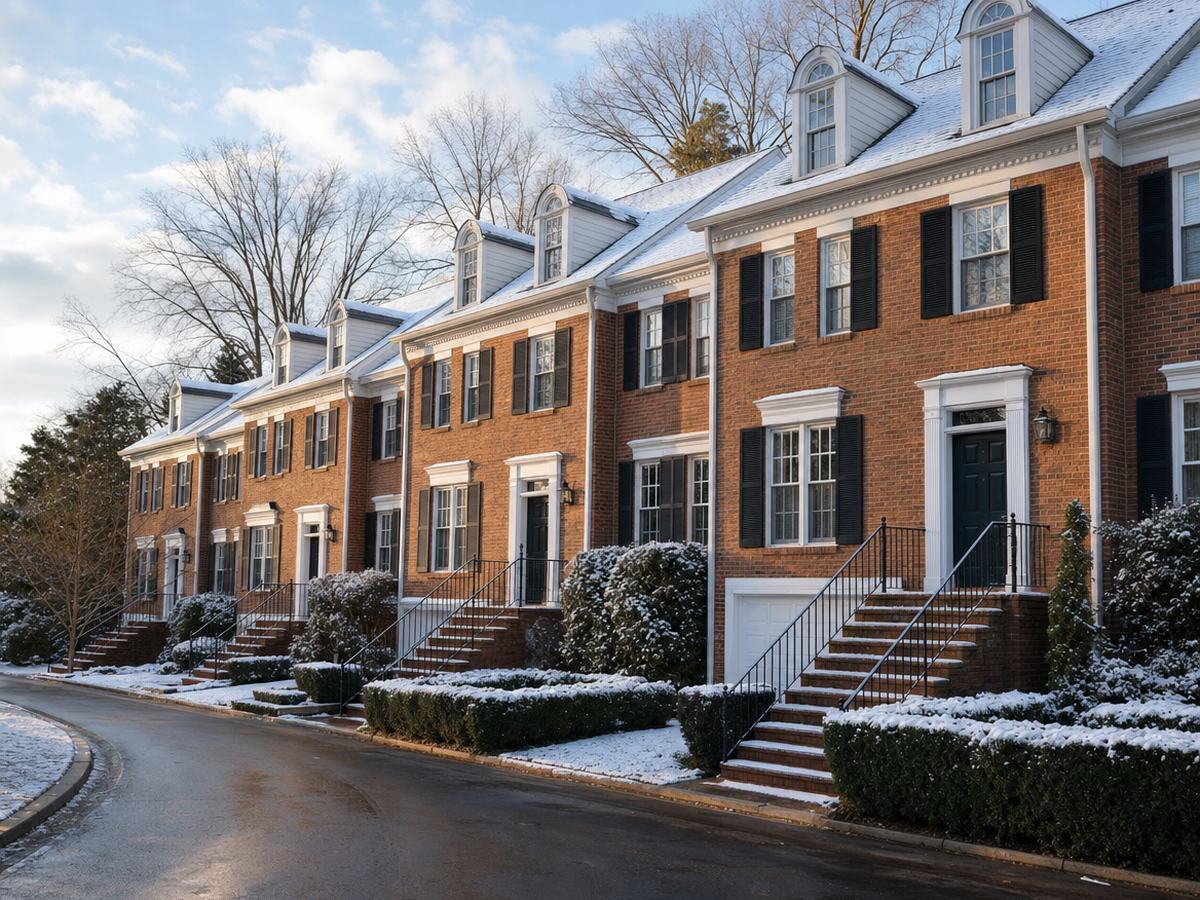 A curving row of red-brick three-story townhomes with white trim, black shutters, arched dormers and snow-dusted roofs and hedges along a wet plowed lane.