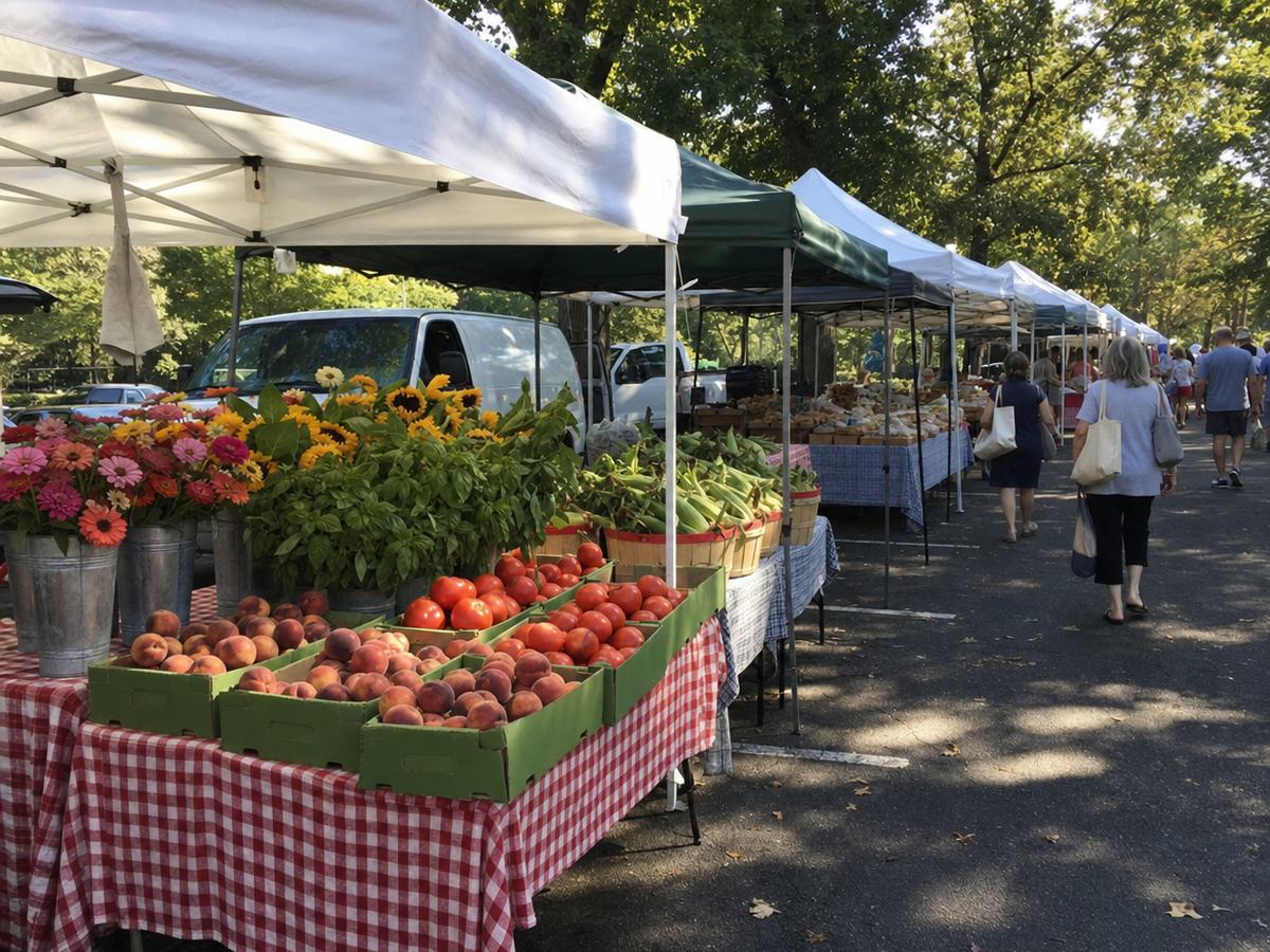Farmers market stalls under white and green canopy tents on a shaded parking lot, with crates of peaches and tomatoes, sweet corn and buckets of sunflowers and zinnias, and a few people walking.