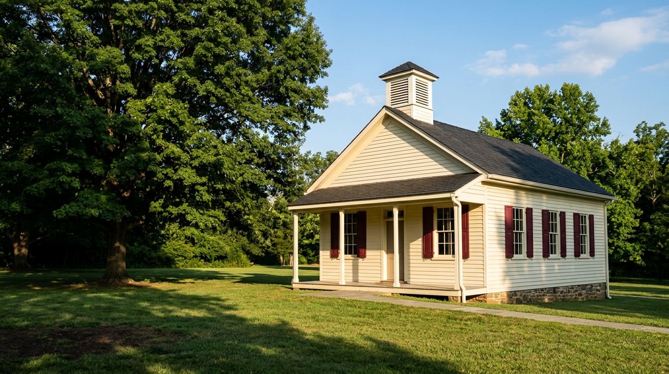 The 1897 Oakton Schoolhouse, pale cream clapboard with deep red shutters, a small porch and a white cupola, on the lawn of Oakton Community Park in summer