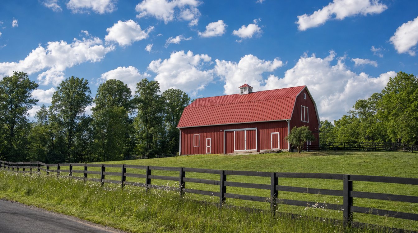 A big red gambrel barn with a white-trimmed cupola on a green slope behind a dark board fence along Hunter Mill Road, under a blue summer sky full of white clouds