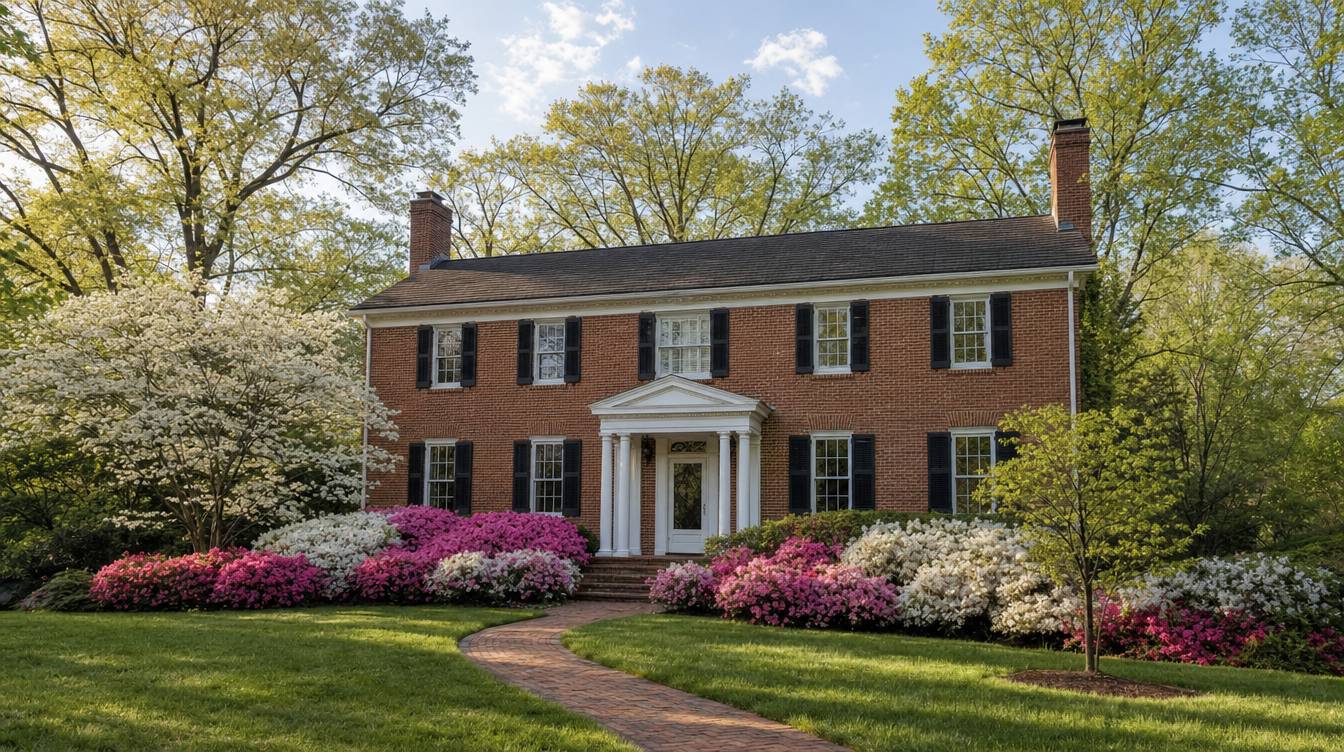 A symmetrical red-brick colonial with black shutters and a white columned entry, banked with hot-pink, magenta and white azaleas, with a white dogwood and tall oaks in fresh spring leaf