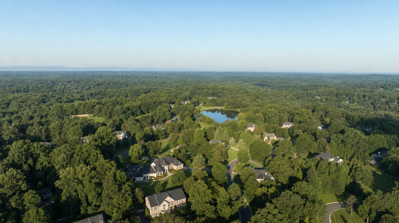 Oakton from the air on a summer evening, large houses with gray roofs and curving streets set into an unbroken canopy of trees, with a pond and low blue hills on the horizon