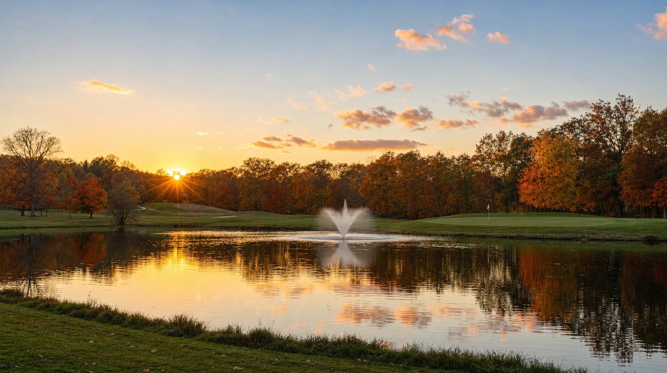 The sun setting behind orange fall trees at the Oakmont golf center, with a fountain in the middle of a pond, a green with a flag beyond and the trees mirrored in the water