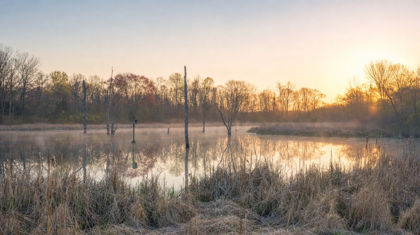 Mist rising off the beaver pond at Waples Mill Meadow Park at dawn, with gray dead snags and a wood duck box standing in still water, tawny grasses in front and a wall of early-spring trees