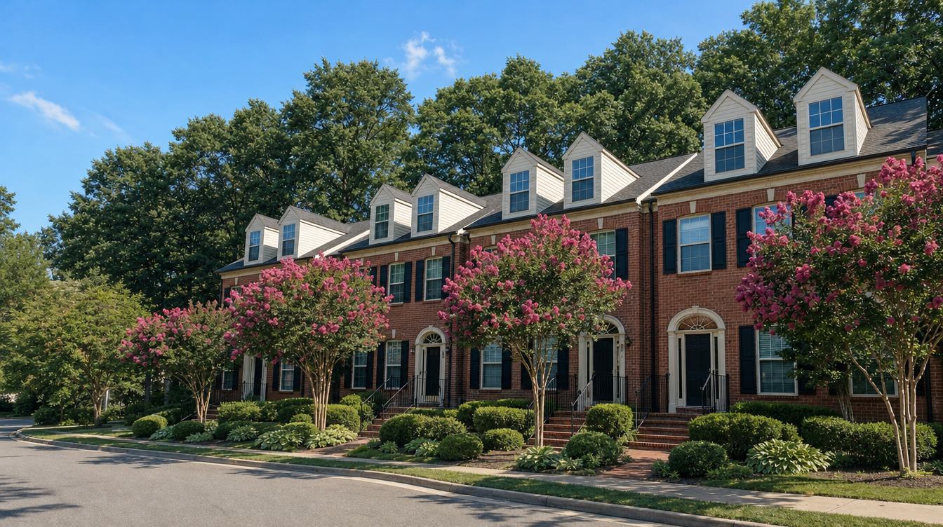 A row of brick-front townhouses with white dormers, black shutters and arched white doorways behind pink crape myrtles in bloom, with boxwoods and hostas along a curving street on a summer morning