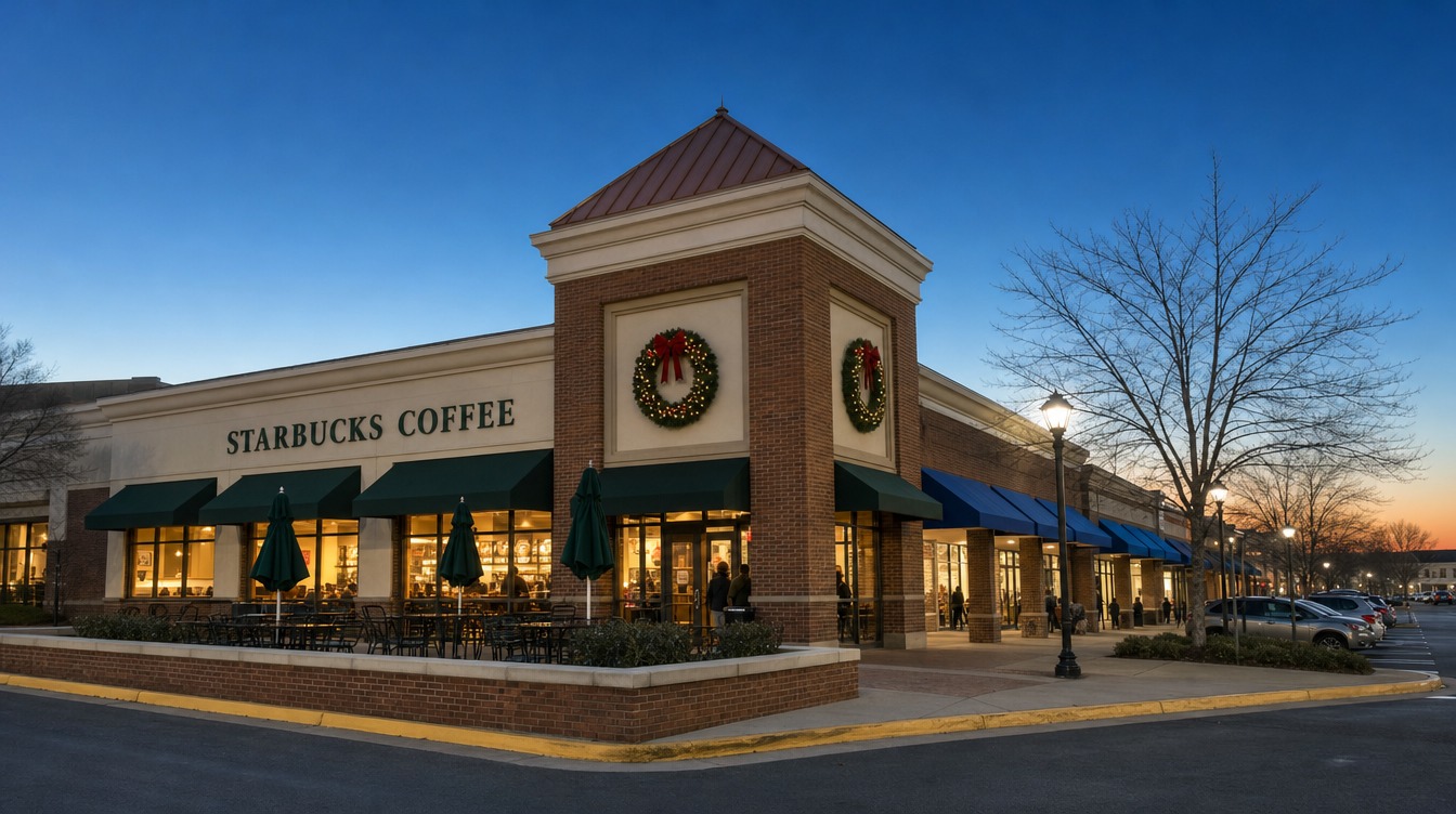 The Starbucks corner of the Oakton Shopping Center at dusk in December, a brick tower with a copper pyramid roof and holiday wreaths, green awnings and closed patio umbrellas, and blue awnings down the row