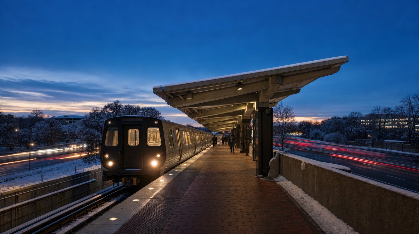 A Metro train with its headlights on at the Vienna/Fairfax-GMU station at winter blue hour, beside the red-tiled platform under its long angled concrete canopy, with snow on the ground and light trails on I-66 on both sides