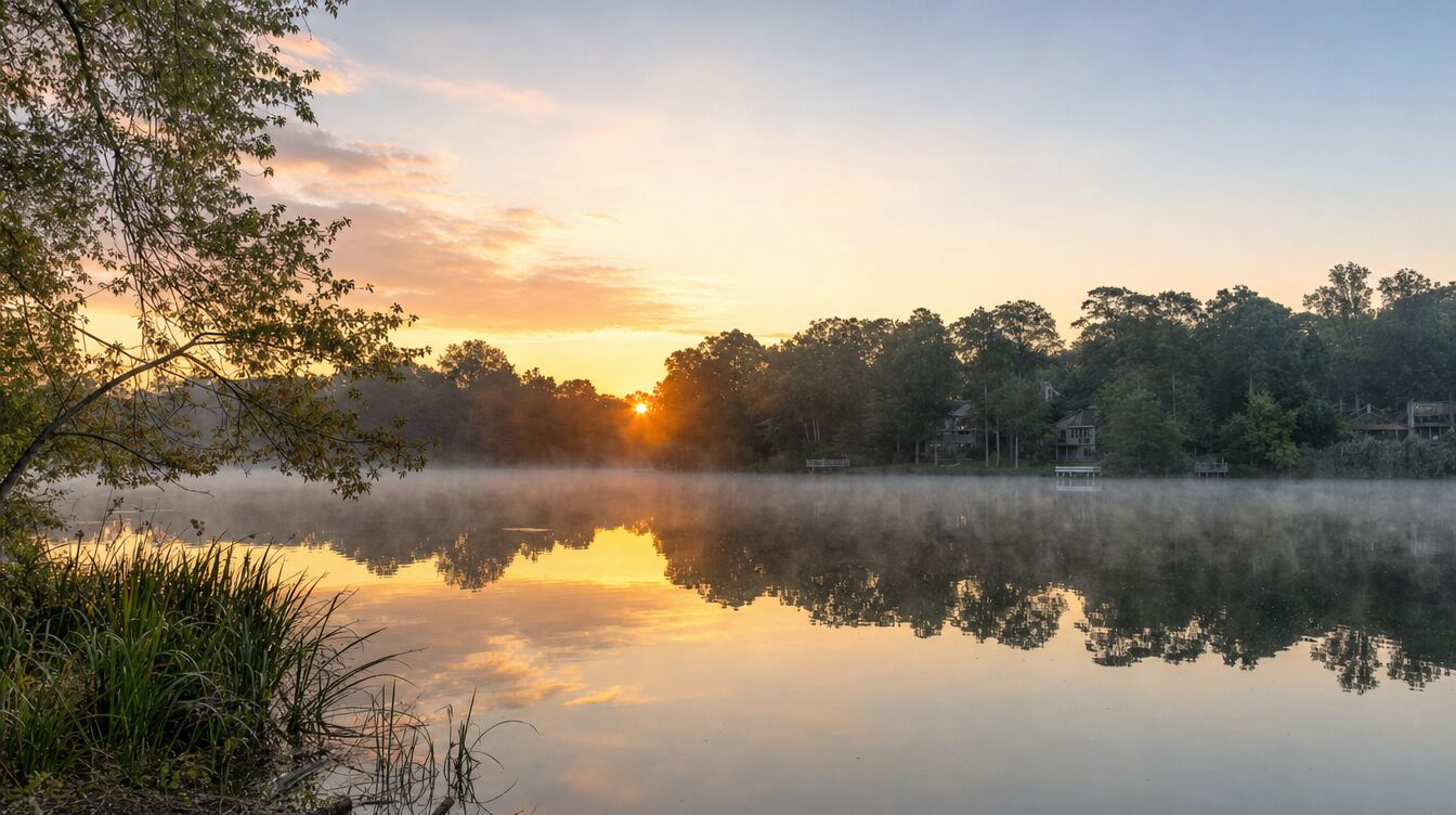 Mist rising off Lake Thoreau at sunrise, the trees on the far shore reflected in still water