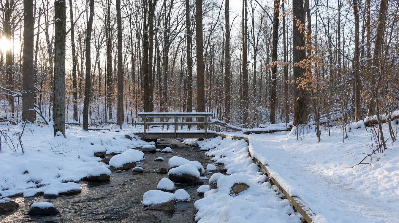 Snakeden Branch at the Walker Nature Center after a snowfall, the stream running over snow-capped rocks below a small footbridge, a boardwalk trail beside it