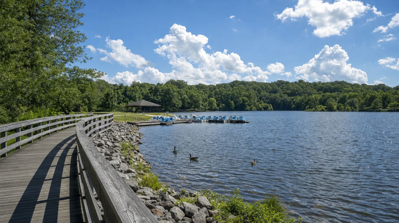 The wooden boardwalk along the lake at Lake Fairfax Park on a summer day, with geese on the water and wooded hills beyond