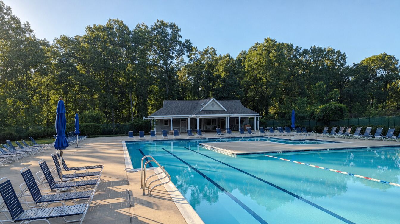 A Reston Association outdoor pool on a summer morning, its lap lanes and lounge chairs empty, with a pool house and tall trees behind