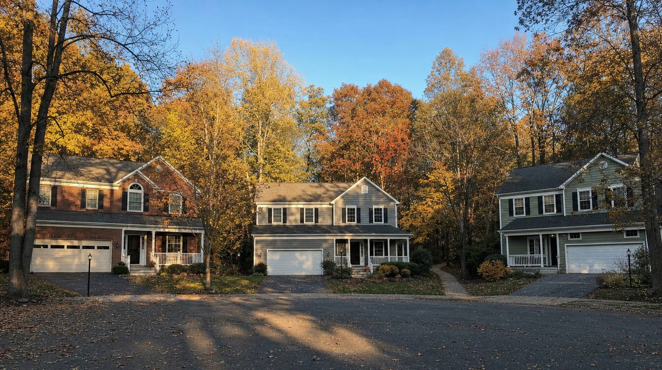 Three two-story houses with garages around a cul-de-sac among tall trees in autumn color