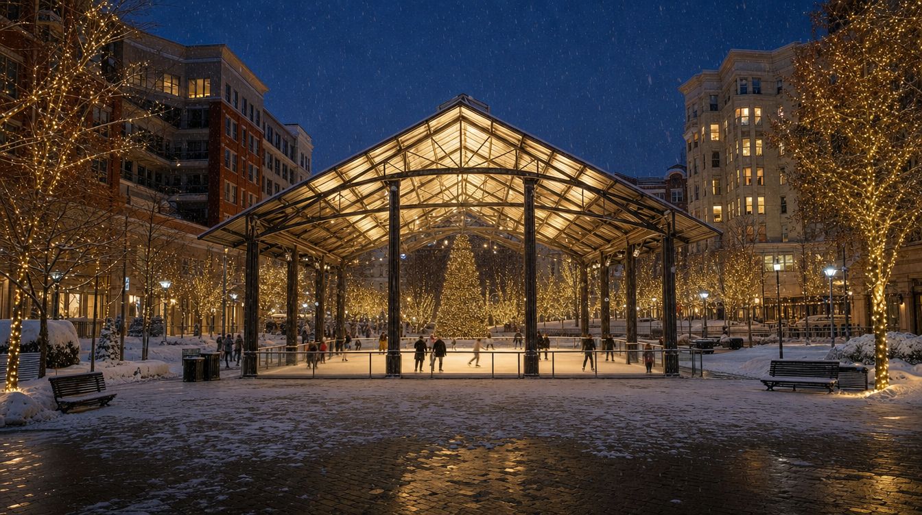 The outdoor ice rink at Reston Town Center on a snowy December evening, under a tall open pavilion with a glowing pitched roof, with a lit holiday tree at the far end and street trees wrapped in warm lights