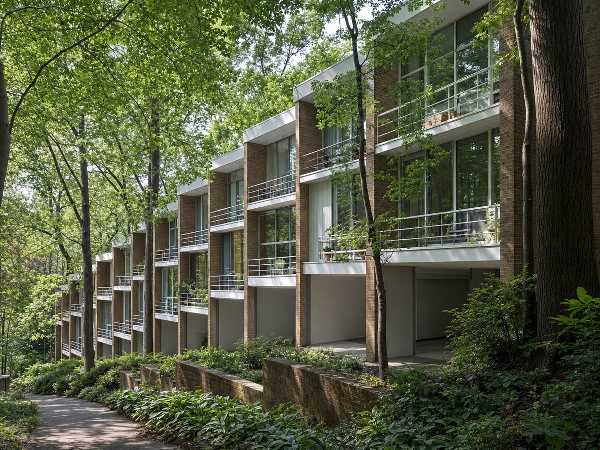 A row of modernist townhouses with projecting brown brick walls between glass-and-white-panel facades and white balconies, above carports and a path, surrounded by spring trees.