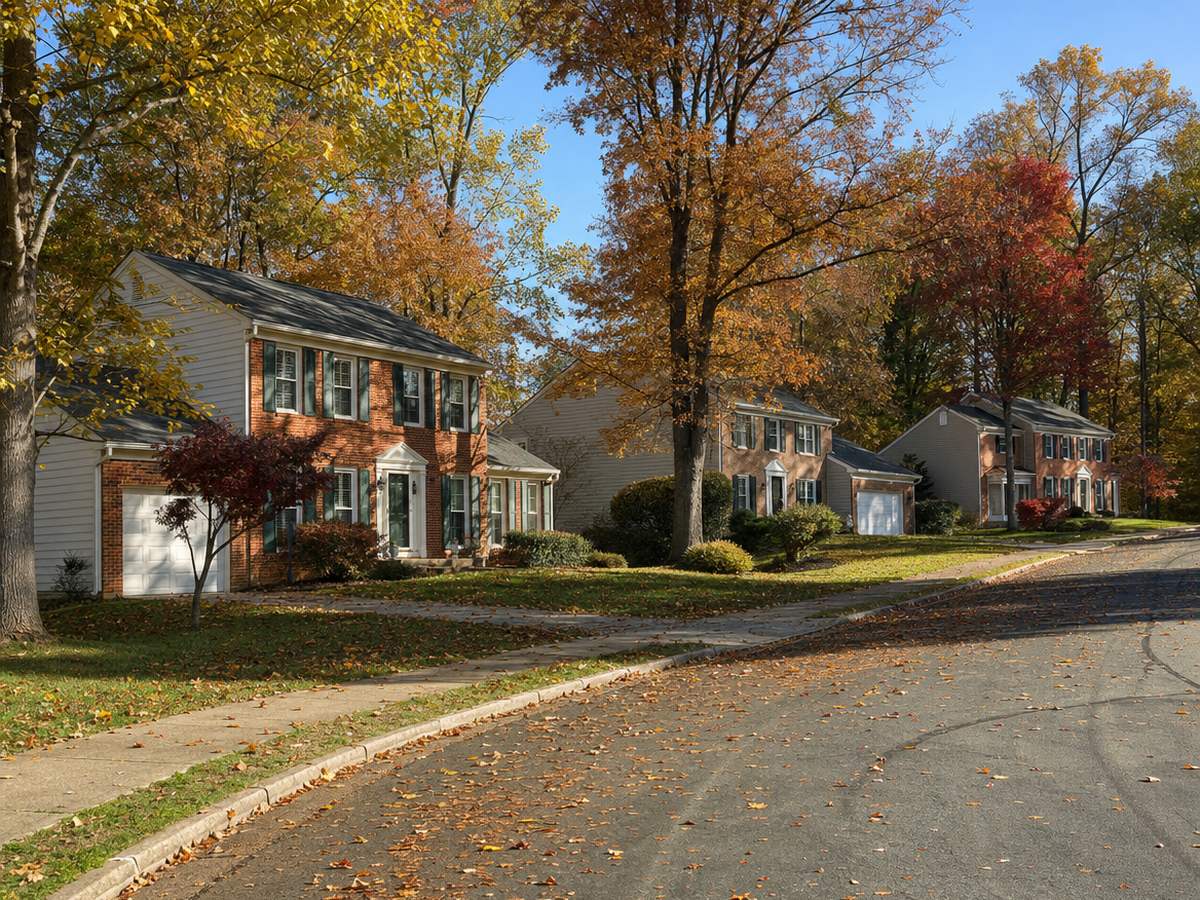 Three brick-front two-story colonials with shutters and white garage doors on sloping lawns along a curving street, under tall trees in yellow, orange and red.