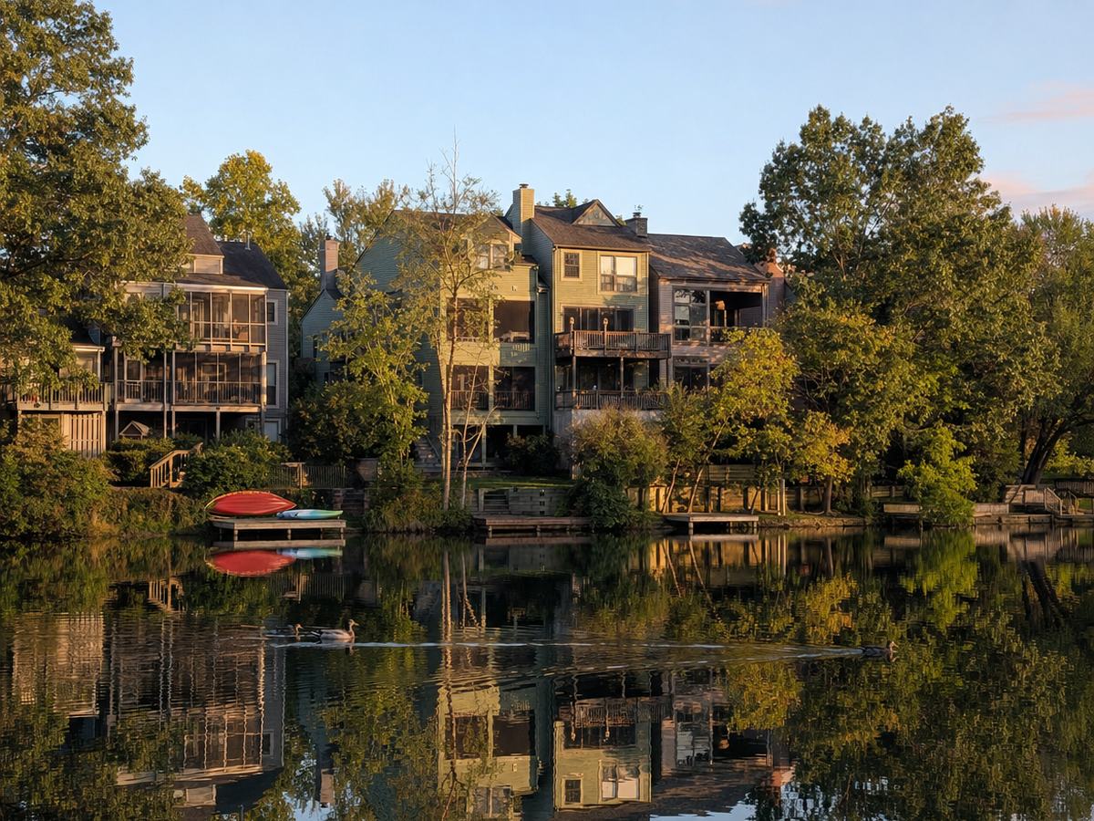 Townhouses in gray, sage green and tan siding with wooden decks and screened porches stepping down to a calm lake, with a red canoe and kayaks on small docks and reflections in the water.