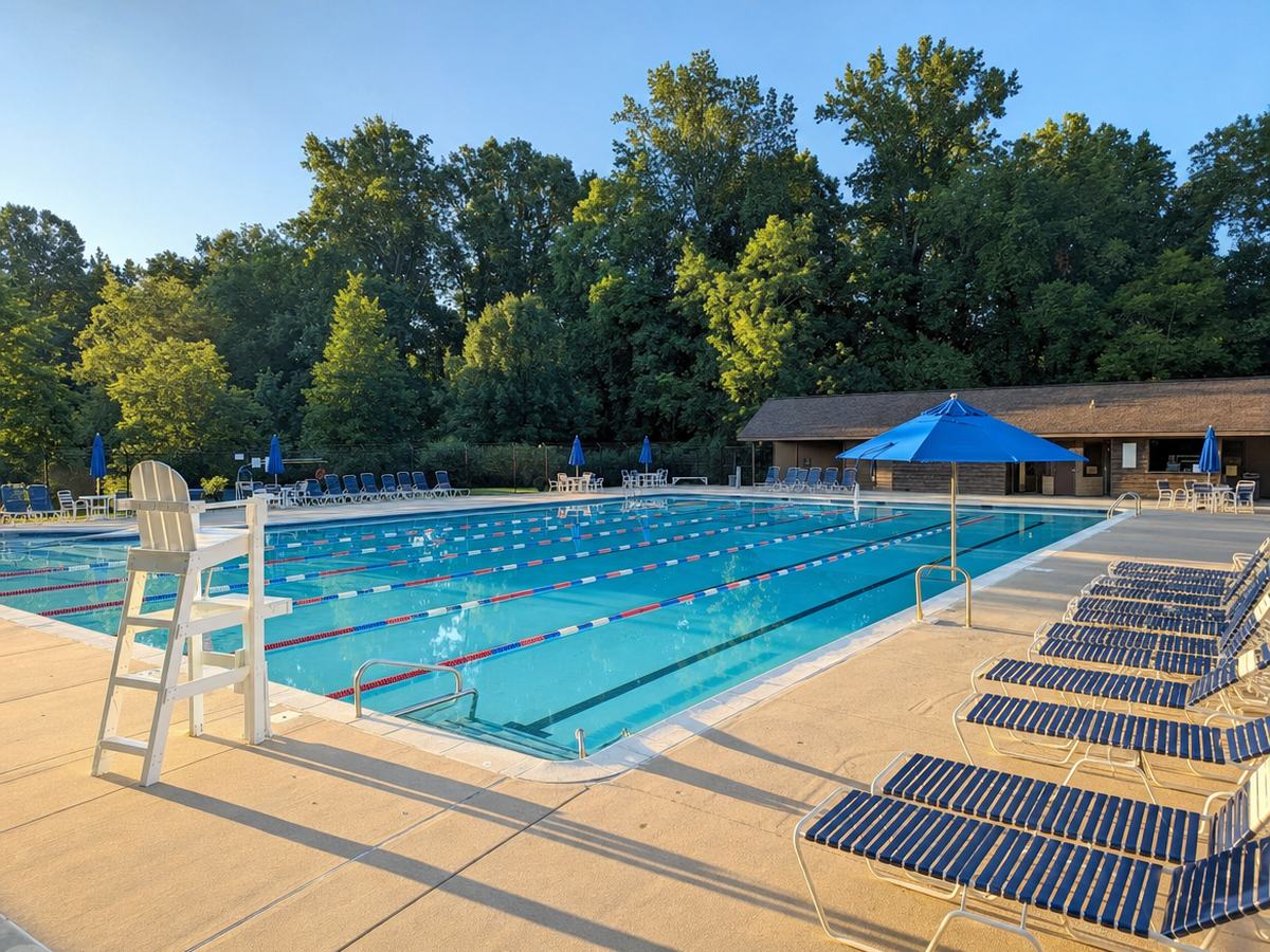 An empty outdoor lap pool with turquoise water and lane lines, rows of blue lounge chairs, a white lifeguard chair and a small wooden bathhouse, with tall green trees behind.