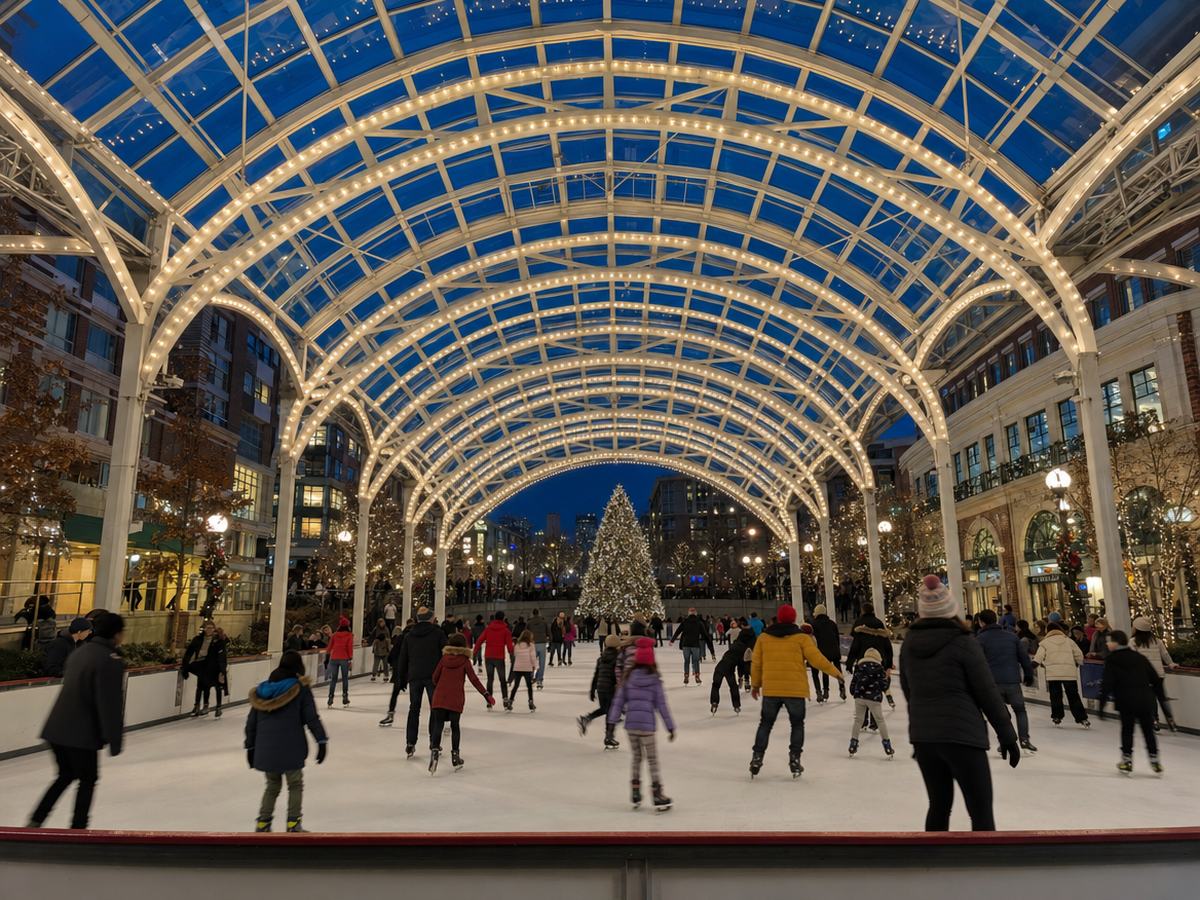 An outdoor ice rink under a long arched canopy strung with white lights at dusk, with a few people skating and a lit evergreen tree at the far end.