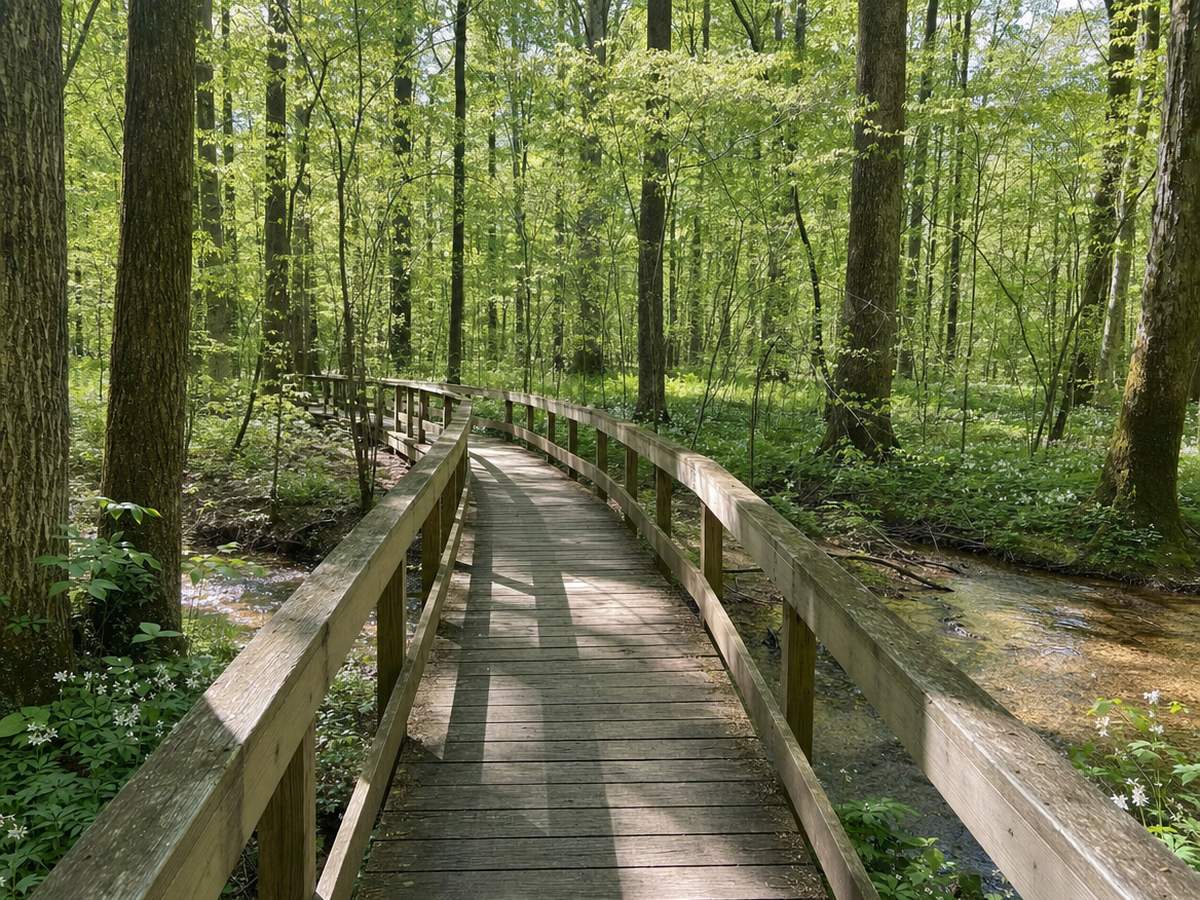 A narrow wooden boardwalk with handrails curving over a shallow stream through a spring forest of tall trees, ferns and small white wildflowers.